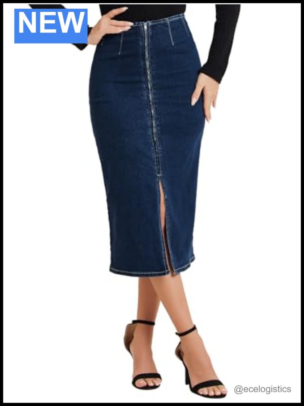 High Waist Denim Pencil Midi Skirt Stretchy Zip Front Slit